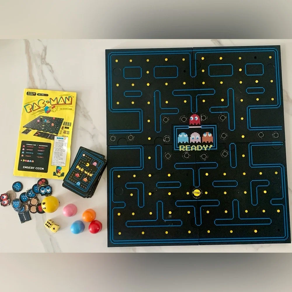 Pac-Man Family Game Set - Black Playboard with Blue Maze Lines and Yellow Dots